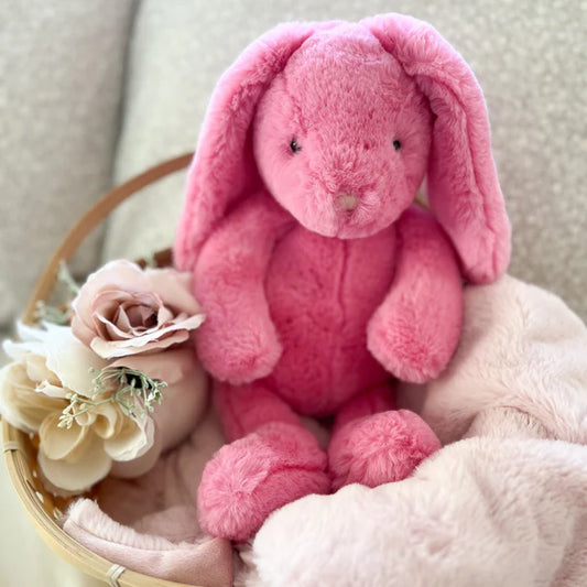 Mon Ami Blossom Bunny 13-inch plush featuring vibrant pink faux fur, long floppy ears, and a soft suede-like nose.