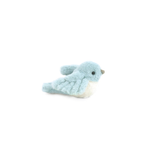 Mon Ami Bluebird 6-inch plush featuring cozy ocean-blue wings, a fluffy snowy white belly, and twinkly black eyes.