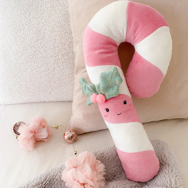 Mon Ami Candy Cane plush in pink with embroidered holly detail