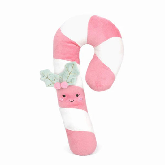 Mon Ami Candy Cane plush in pink with embroidered holly detail