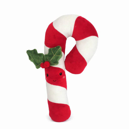 Mon Ami Candy Cane Plush – Red with striped design and holly accent