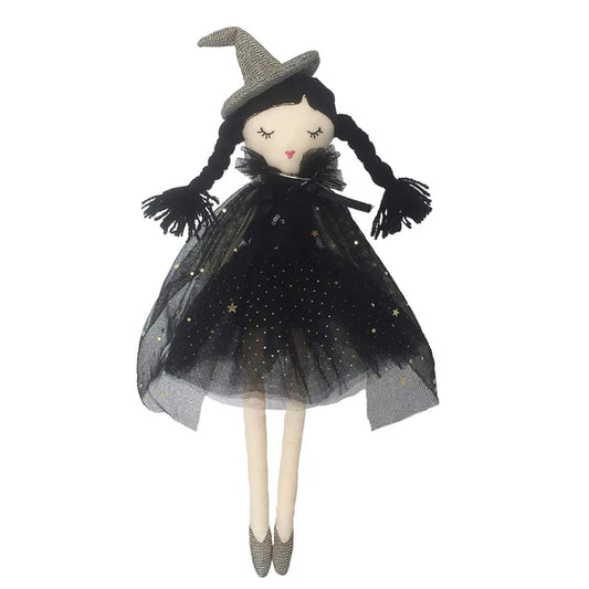 Mon Ami Cassandra Witch Doll wearing a black star-glitter tulle cape, metallic witch hat, and silver shoes.