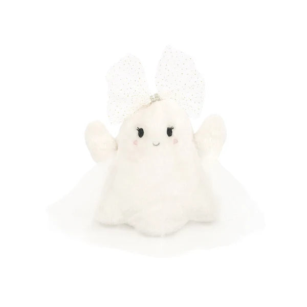 Mon Ami Fanciful Ghost plush featuring a fluffy white body, sheer tulle overlay, embroidered face, and a large sparkling tulle bow.