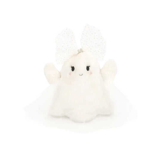 Mon Ami Fanciful Ghost plush featuring a fluffy white body, sheer tulle overlay, embroidered face, and a large sparkling tulle bow.