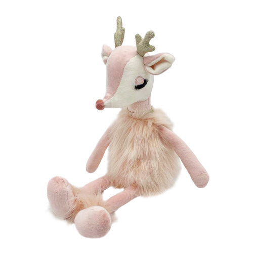 Mon Ami Freija The Pink Reindeer plush sitting upright featuring soft pink fur, gold antlers, and a fluffy faux fur collar.
