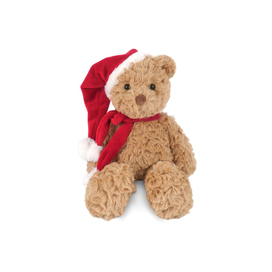Mon Ami Holiday Teddy Bear plush with soft brown fur wearing a red Santa hat and matching red scarf.
