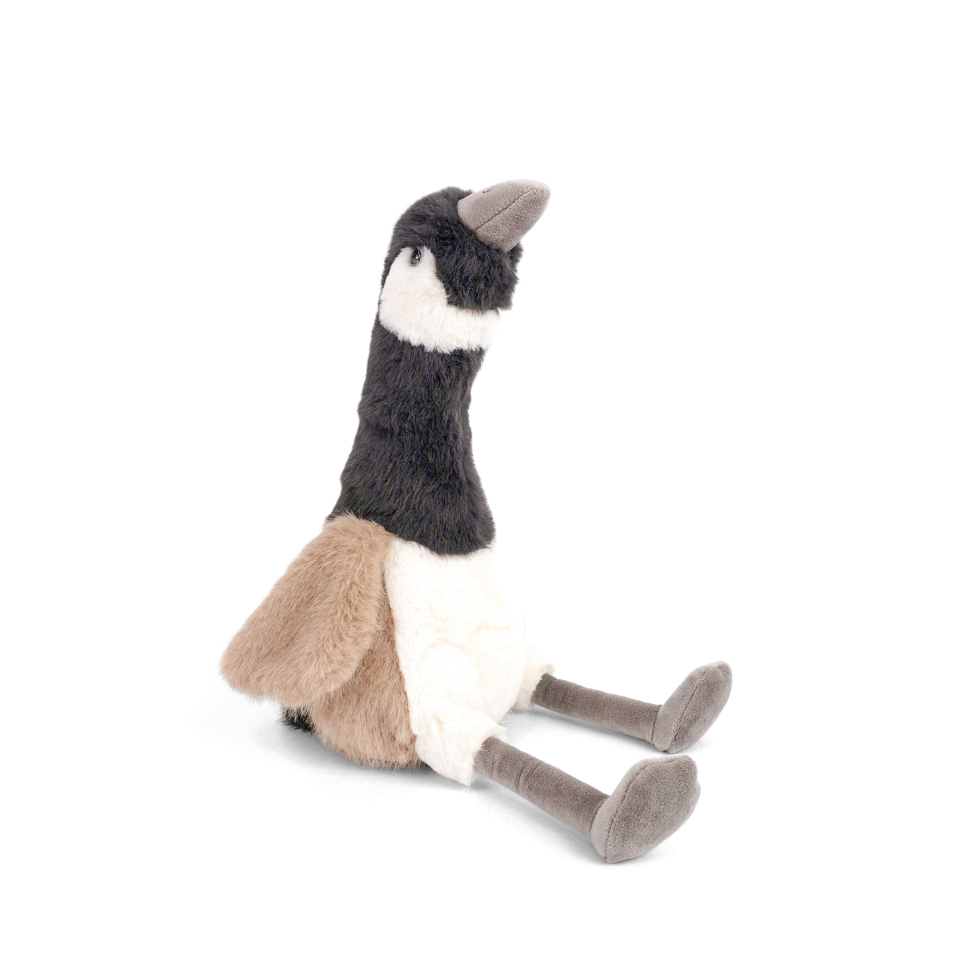 Mon Ami Hudson Canadian Goose plush sitting upright featuring soft grey, beige, and white fur with long grey velour legs and webbed feet.