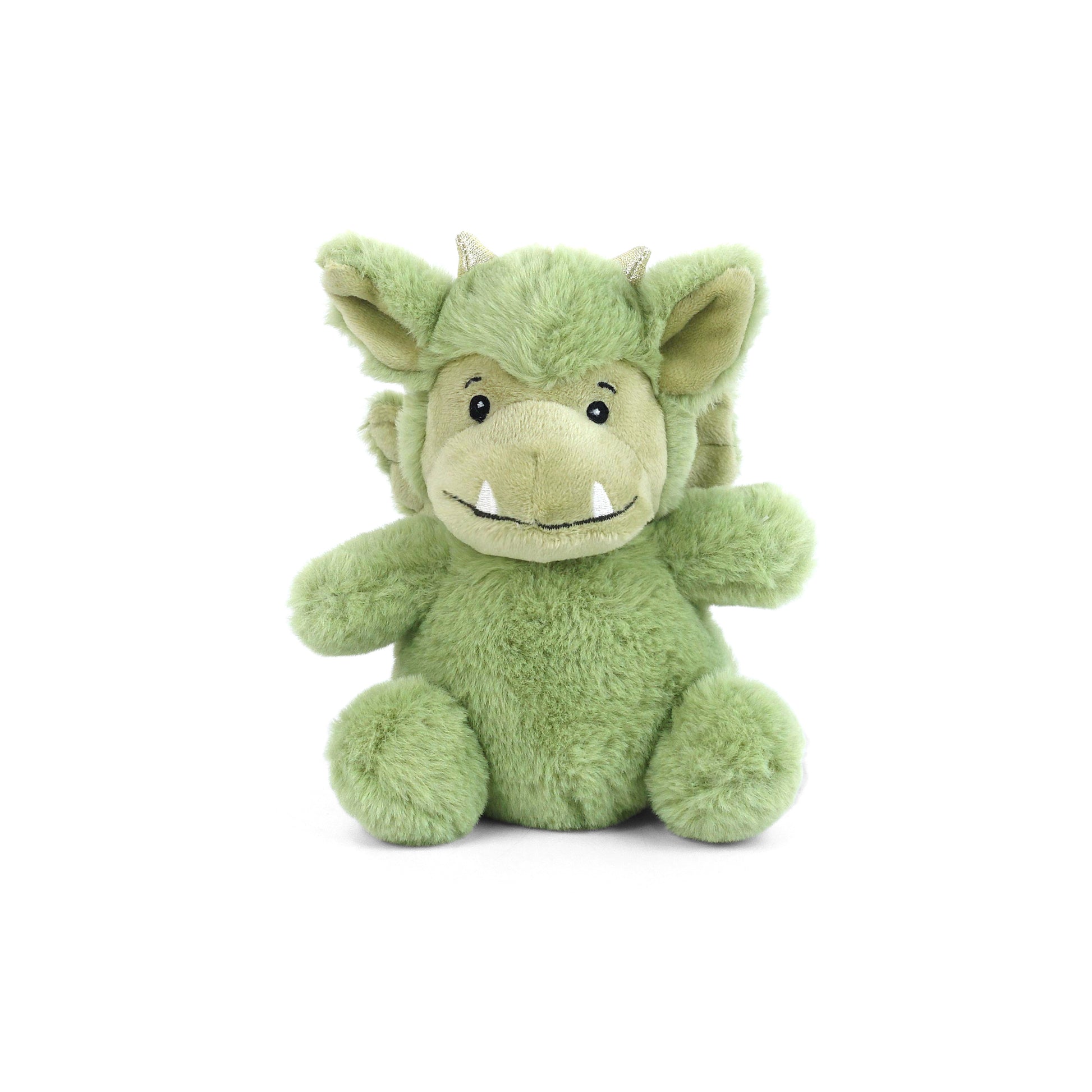 Mon Ami Iggy Petit Dragon plush in green with soft fur, small wings, and horns sitting upright.
