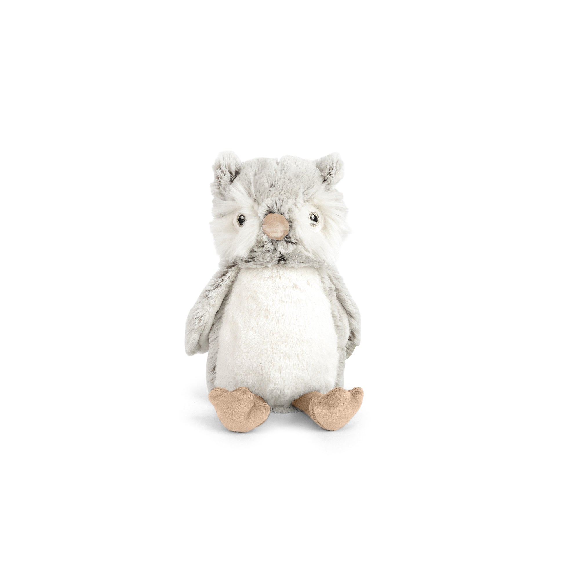 Mon Ami Ollie Owl plush sitting upright featuring soft two-tone grey and cream fluffy fur, large embroidered eyes, and floppy feet.