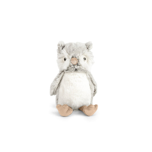 Mon Ami Ollie Owl plush sitting upright featuring soft two-tone grey and cream fluffy fur, large embroidered eyes, and floppy feet.