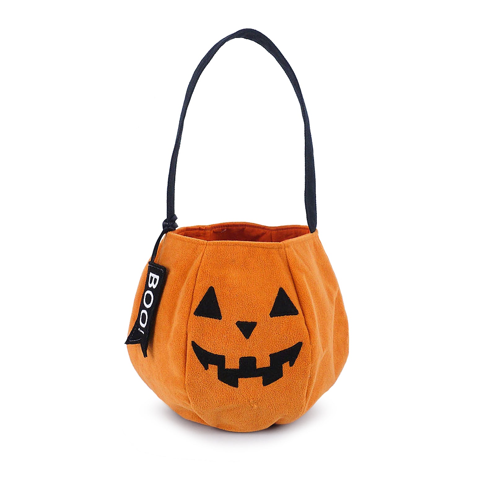 Mon Ami Orange Pumpkin Halloween plush candy bag featuring an embroidered jack-o'-lantern face, black handle, and a BOO tag accent.