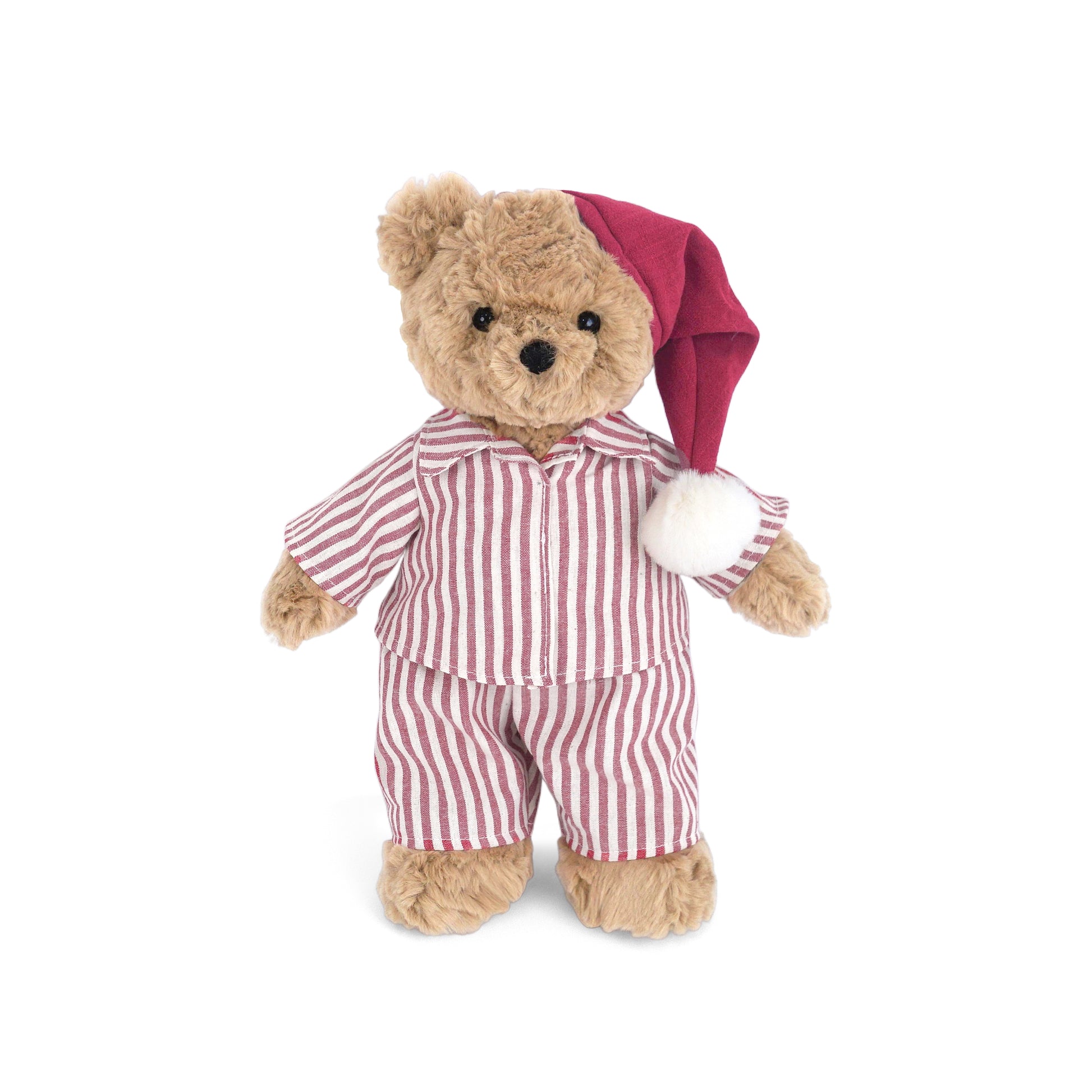 Mon Ami Pajama Bear plush featuring tan fur, red and white striped pajamas, and a matching nightcap.