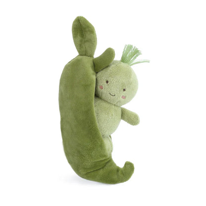 A plush toy featuring an open green pea pod with a smaller, smiling green pea doll nestled inside. Both have embroidered faces