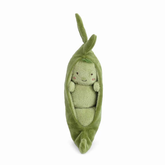 A plush toy featuring an open green pea pod with a smaller, smiling green pea doll nestled inside. Both have embroidered faces