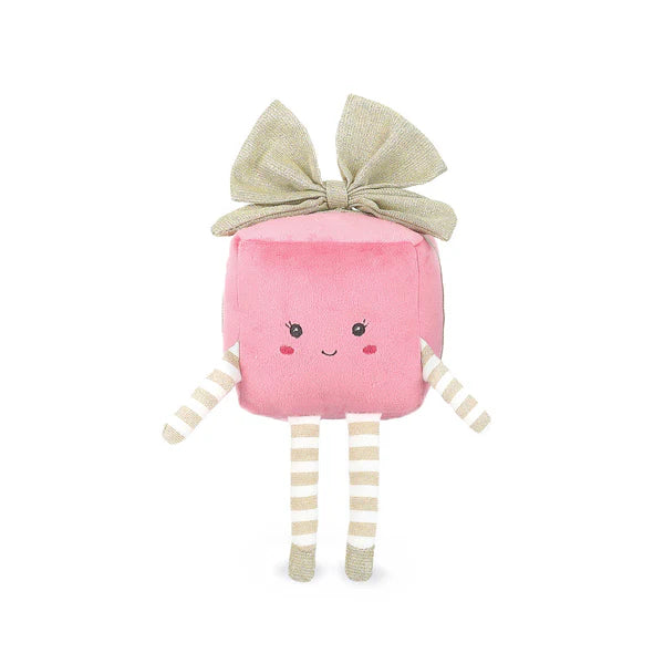 Mon Ami Pretty Present Plush in pink with gold bow and striped legs