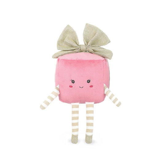 Mon Ami Pretty Present Plush in pink with gold bow and striped legs
