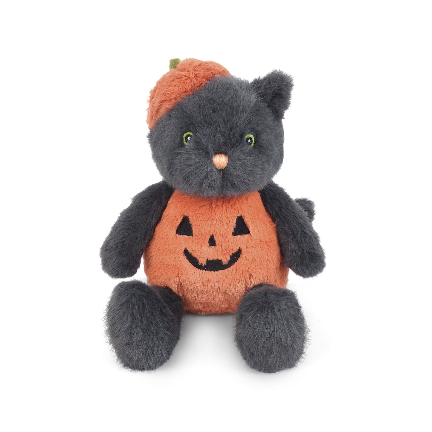 Mon Ami Pumpkin Kitty plush featuring charcoal grey fur, green eyes, an orange jack-o'-lantern body patch, and a pumpkin hat.