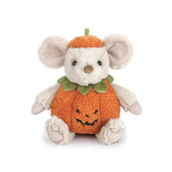 Mon Ami Pumpkin Mouse plush in orange jack-o-lantern pumpkin costume with green leaf collar sitting upright.