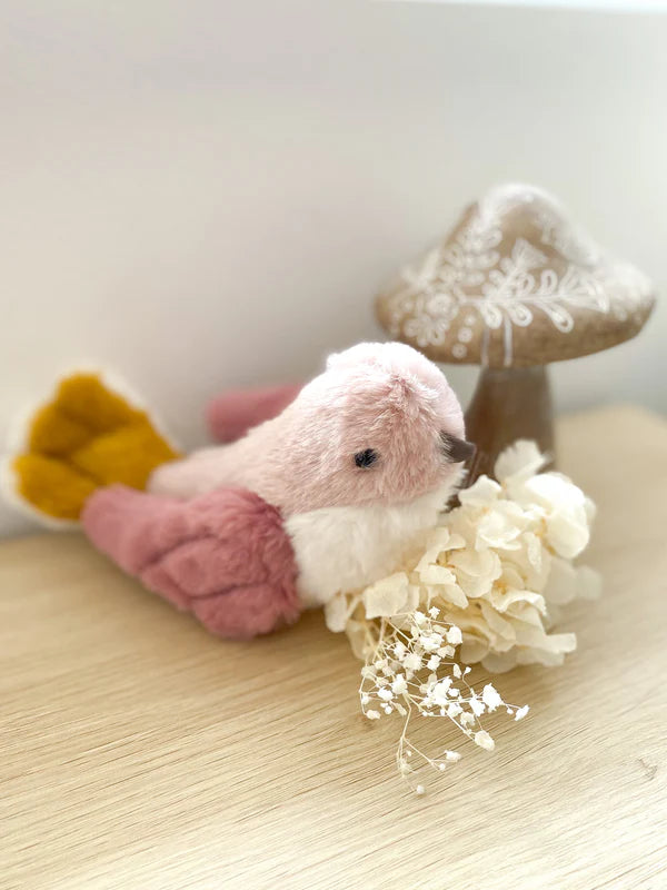 Mon Ami Rose Finch Bird plush in blush-pink tones