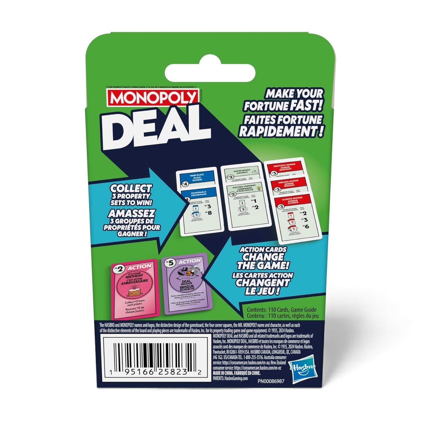 Monopoly Deal card game packaging with colorful design and text on a white background