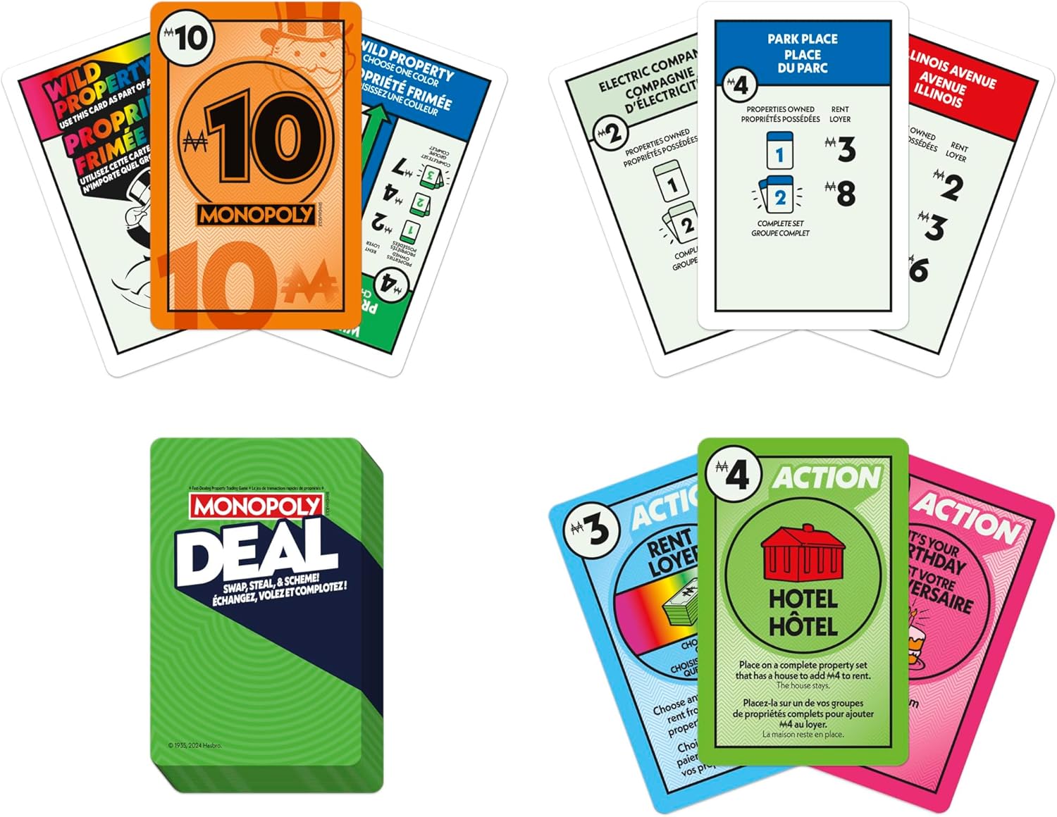 Monopoly game cards and a green 'Deal' card on a white background