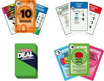 Monopoly game cards and a green 'Deal' card on a white background