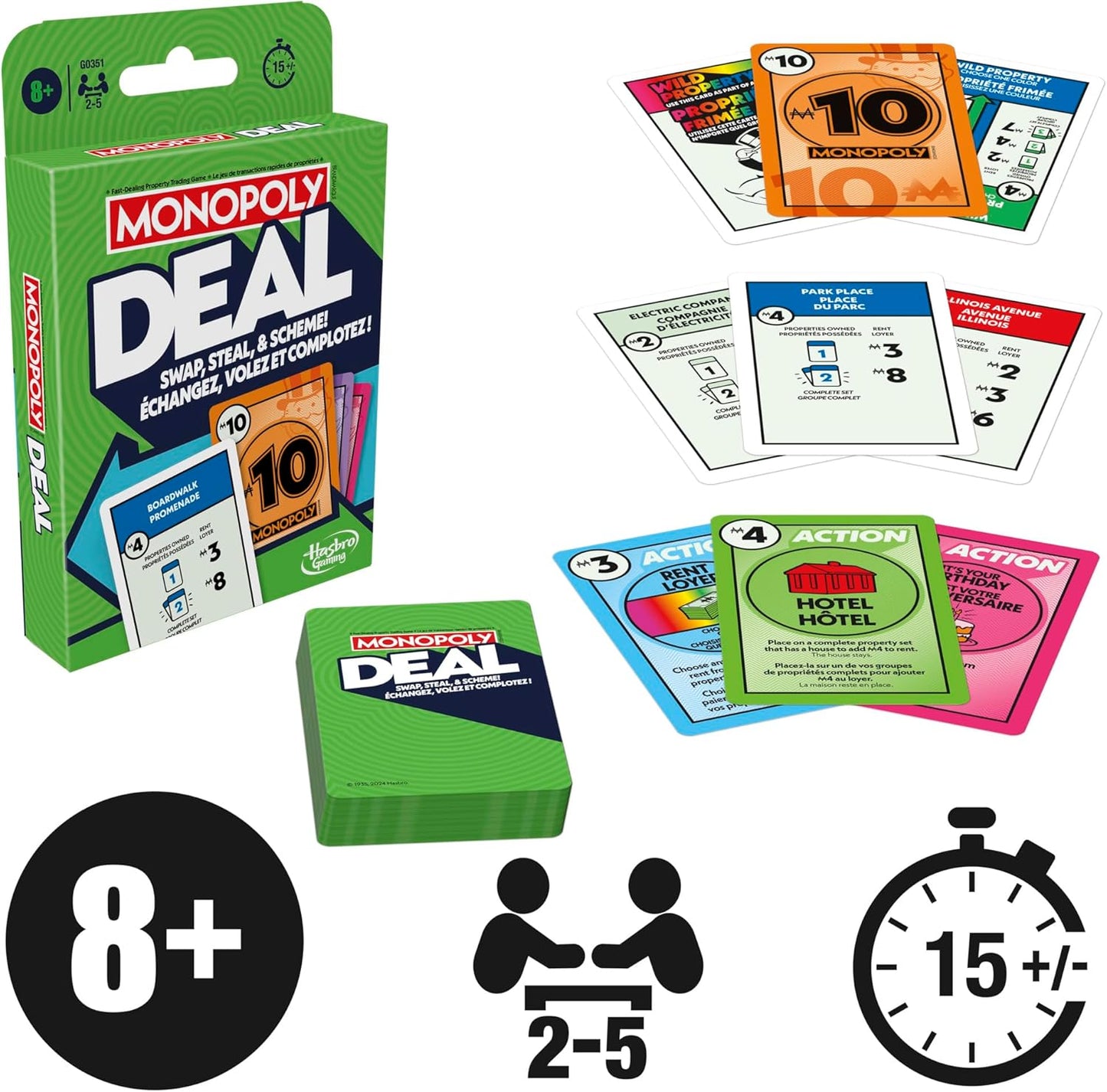 Monopoly Deal board game packaging with cards and components on a white background