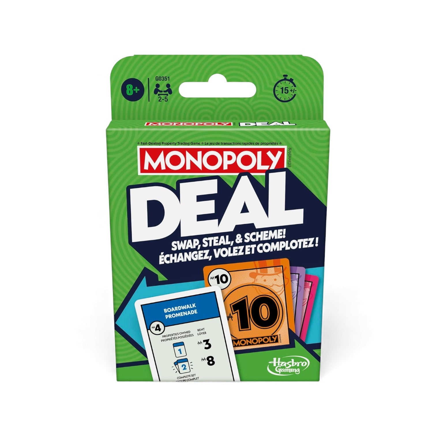 The box for the Monopoly Deal Card Game (English and French bilingual edition), showing sample cards like Boardwalk and a Monopoly 10 card.