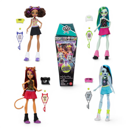 Monster High Buried Secrets Courtside Fang-Out surprise doll featuring Toralei Stripe in a sporty tennis outfit with a racquet, hat, and orange tail.