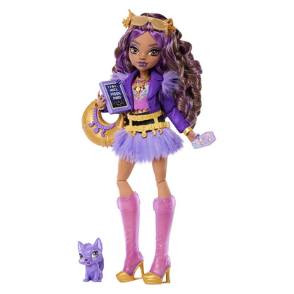 Monster High Clawdeen Wolf Core Refresh doll with purple hair and outfit, holding a book, on a white background