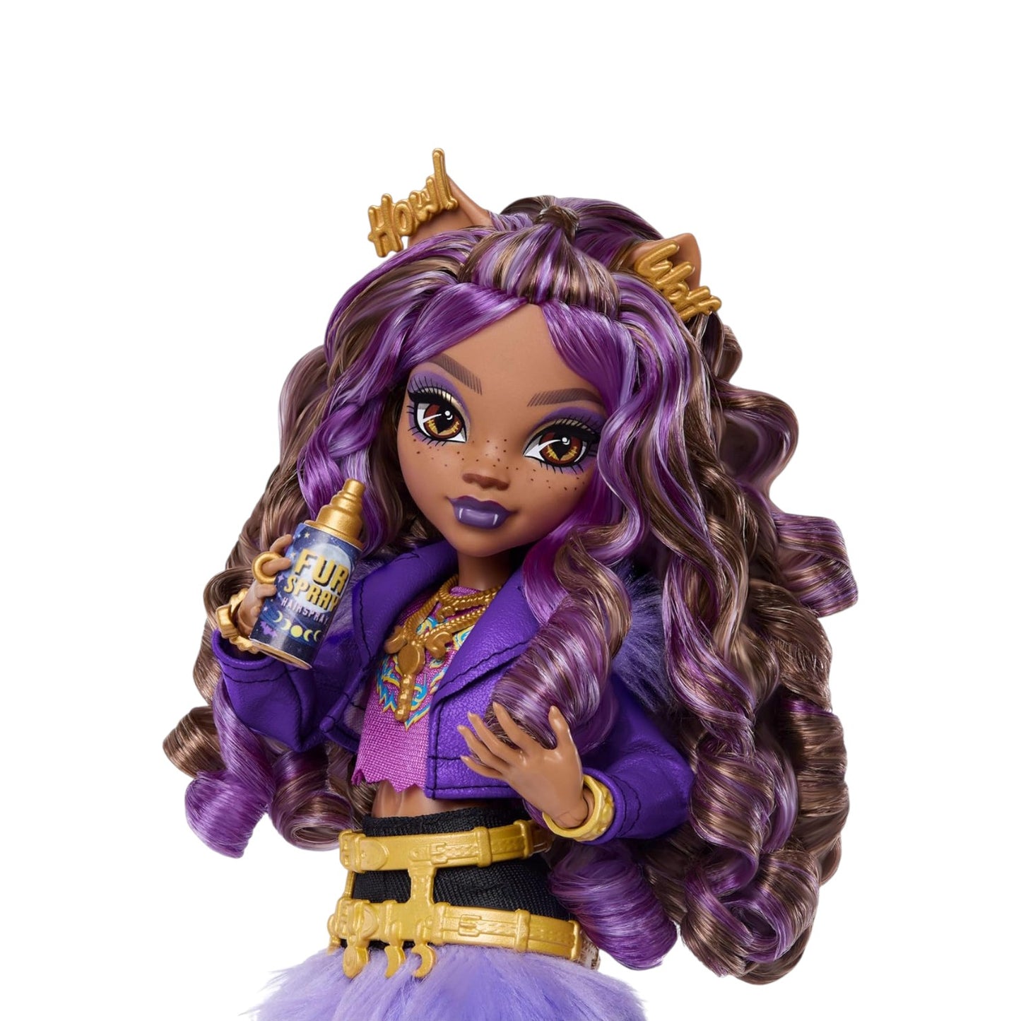 Monster High Clawdeen Wolf Core Refresh doll with purple and brown hair, holding a bottle, on a white background