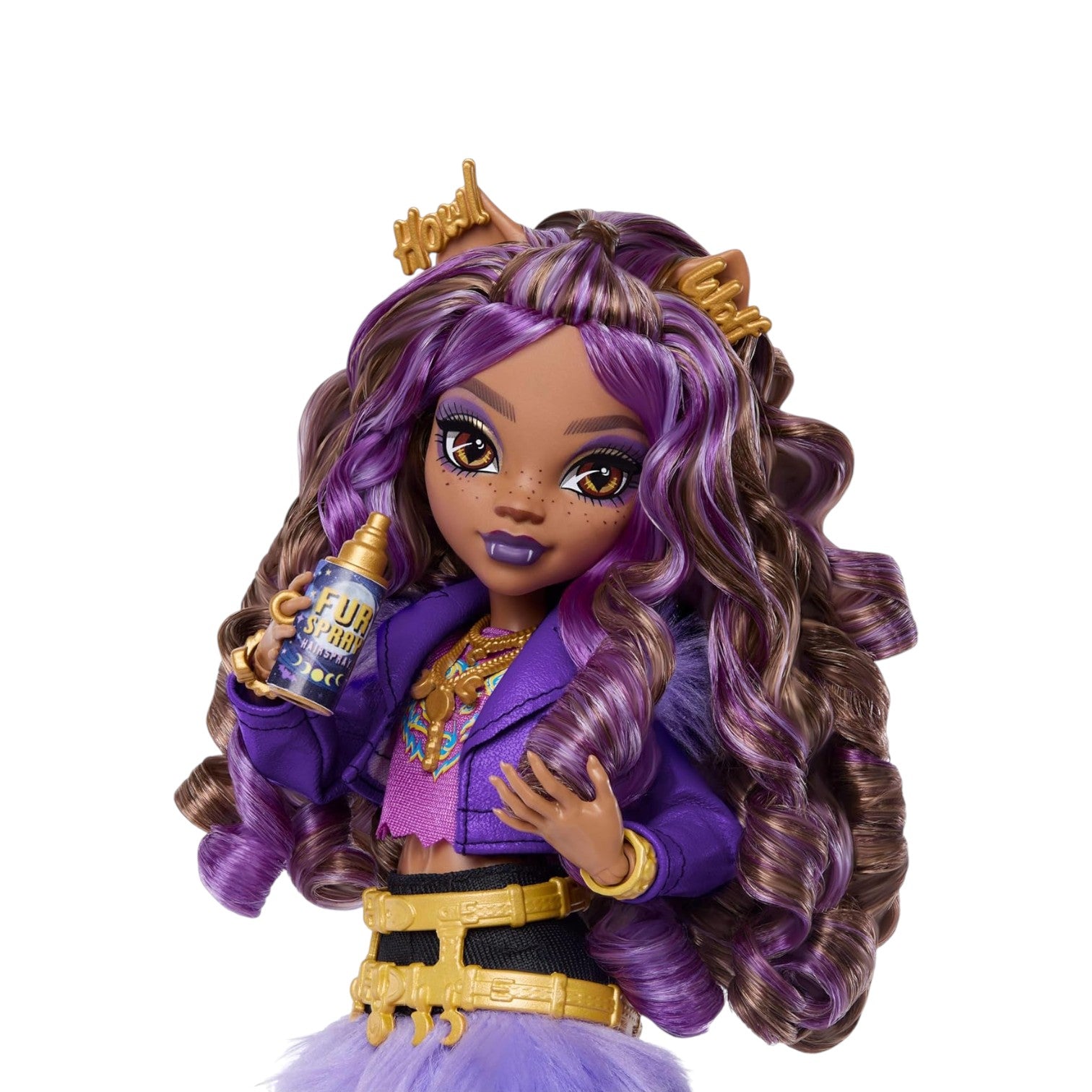 Monster High Clawdeen Wolf Core Refresh doll with purple and brown hair, holding a bottle, on a white background