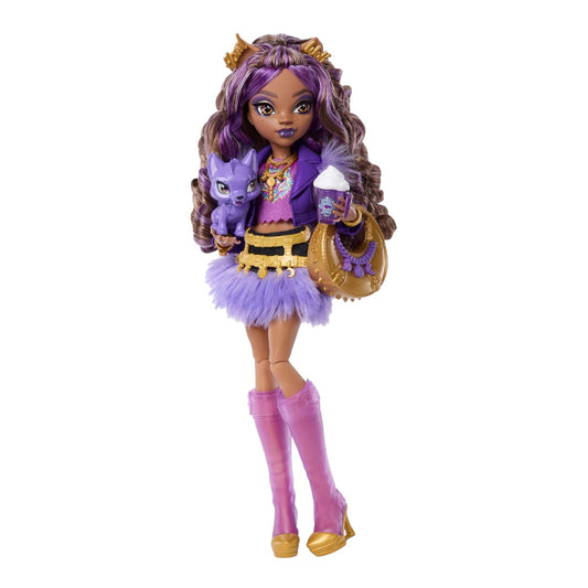 Monster High Clawdeen Wolf Core Refresh doll wearing purple fur skirt, holding a croissant and Coffin Bean drink.