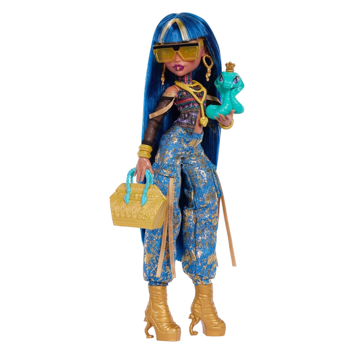 Monster High Cleo De Nile Core Refresh doll with blue hair, sunglasses, and gold outfit holding a green creature and yellow handbag on a white background