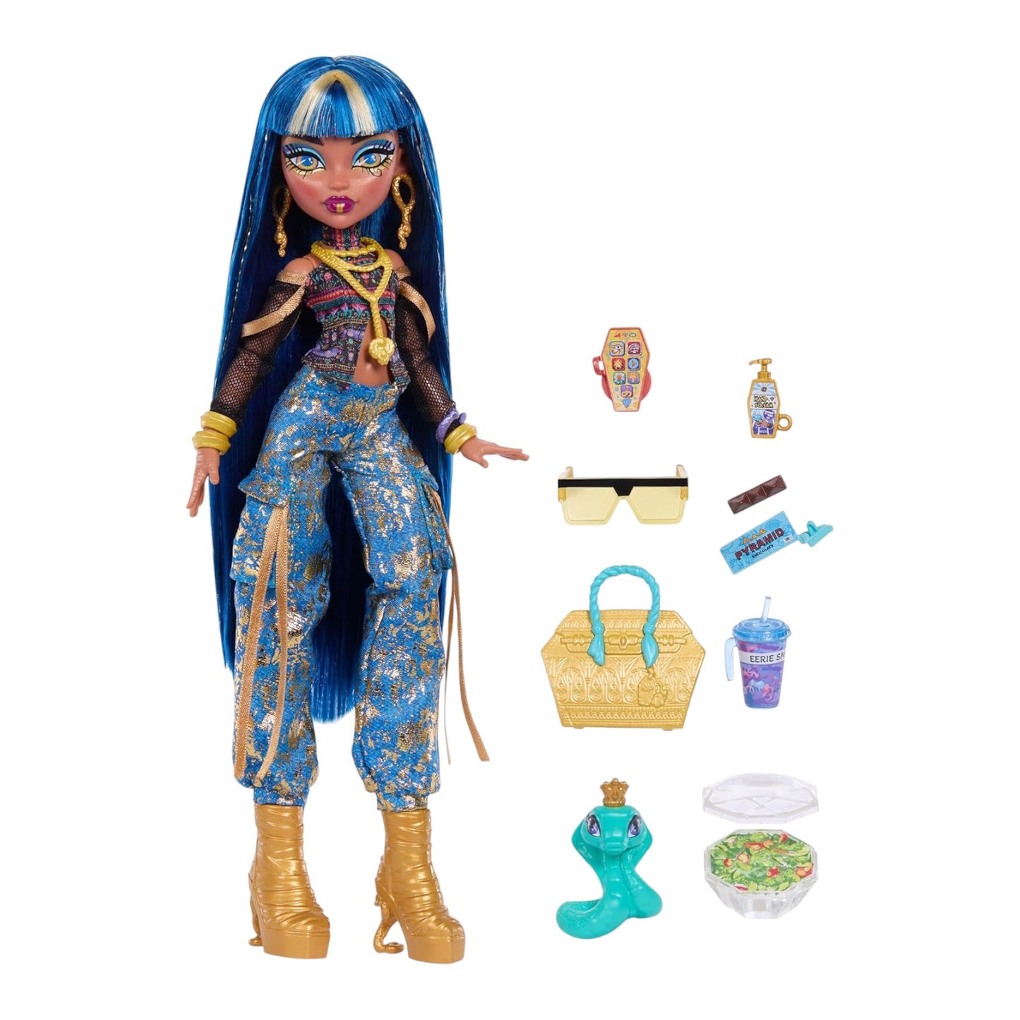 Monster High Cleo De Nile Core Refresh doll with blue hair and Egyptian-themed outfit, surrounded by accessories on a white background
