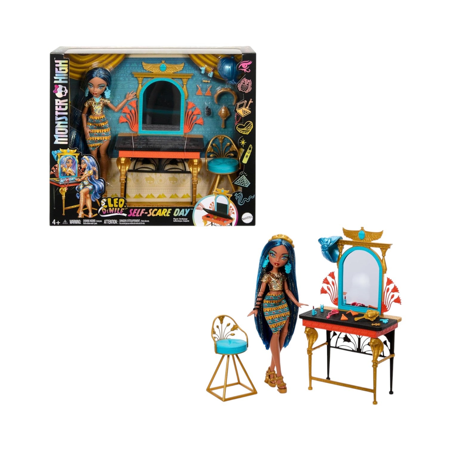 Monster High doll with Egyptian-themed furniture and accessories, including a box with product details.