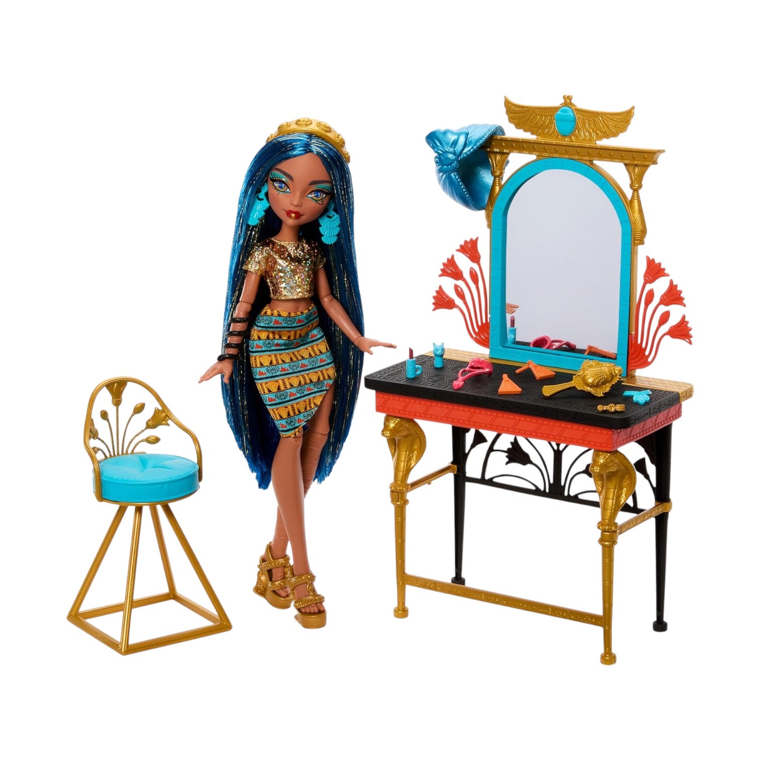 Monster High Cleo De Nile Self-Scare Day playset featuring doll, golden vanity furniture, chair, and various gold and blue jewelry accessories.