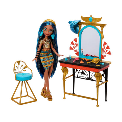 Monster High Cleo De Nile Self-Scare Day playset featuring doll, golden vanity furniture, chair, and various gold and blue jewelry accessories.
