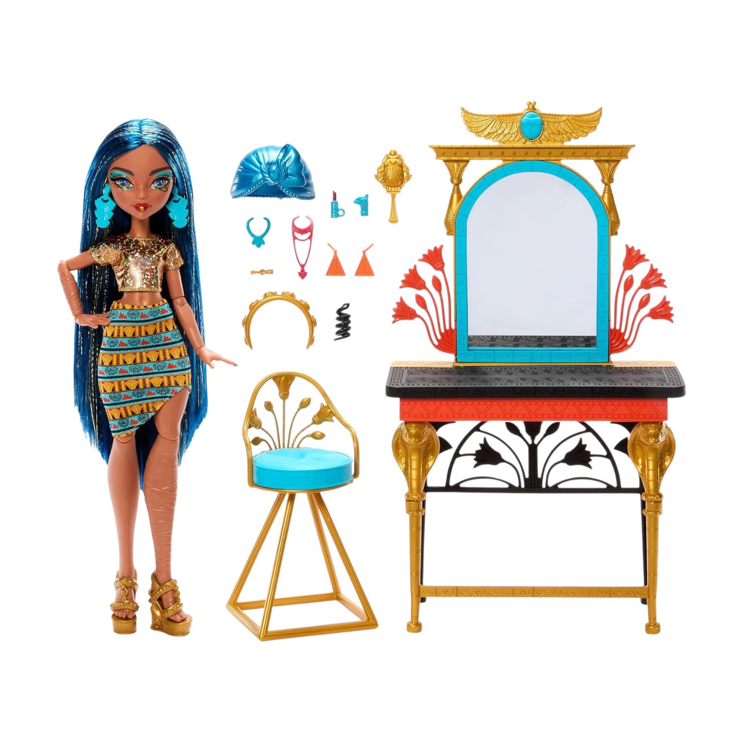 Monster High Cleo De Nile Self-Scare Day playset featuring doll, golden vanity furniture, chair, and various gold and blue jewelry accessories.