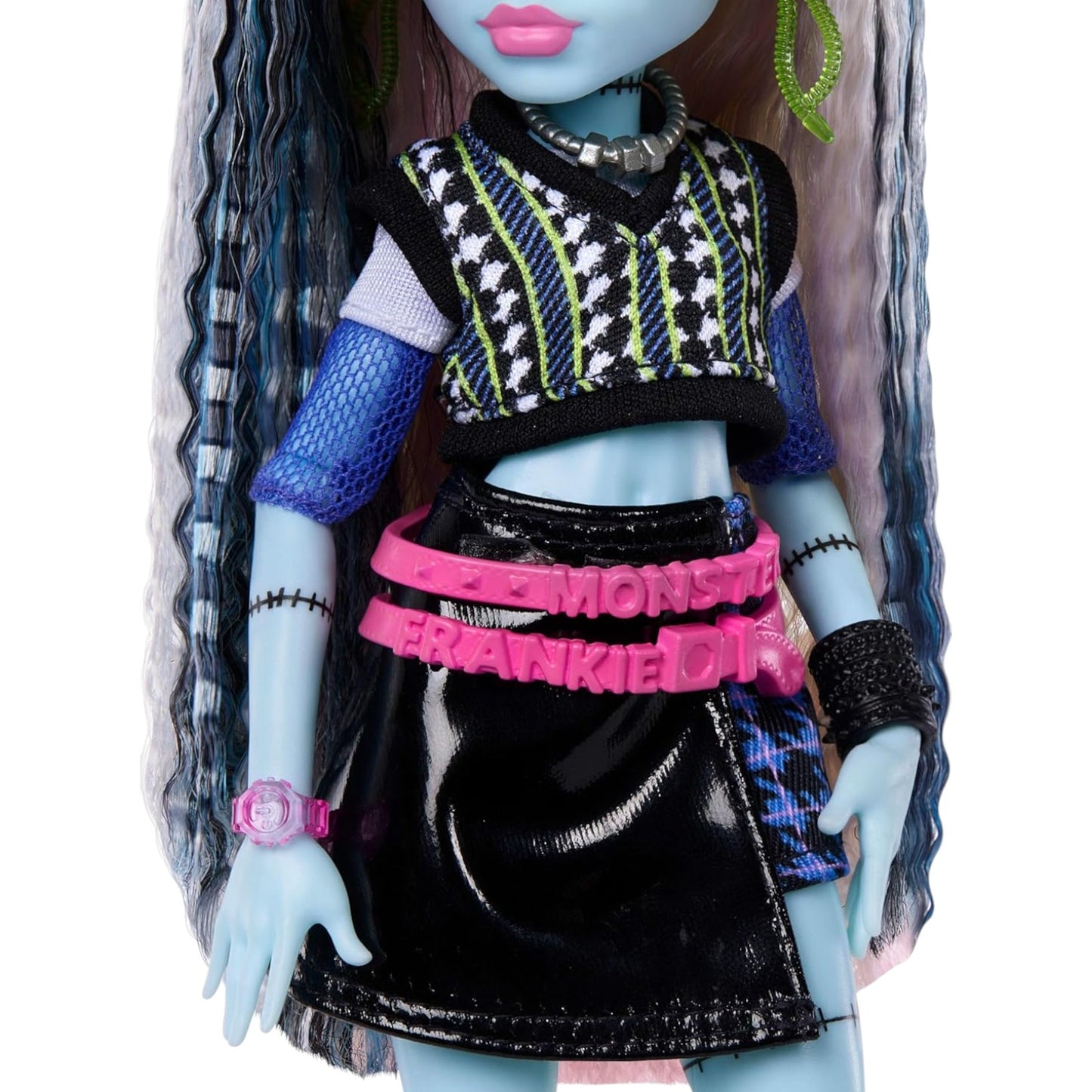 Monster High Frankie Stein Core Refresh doll with a black and pink outfit on a white background