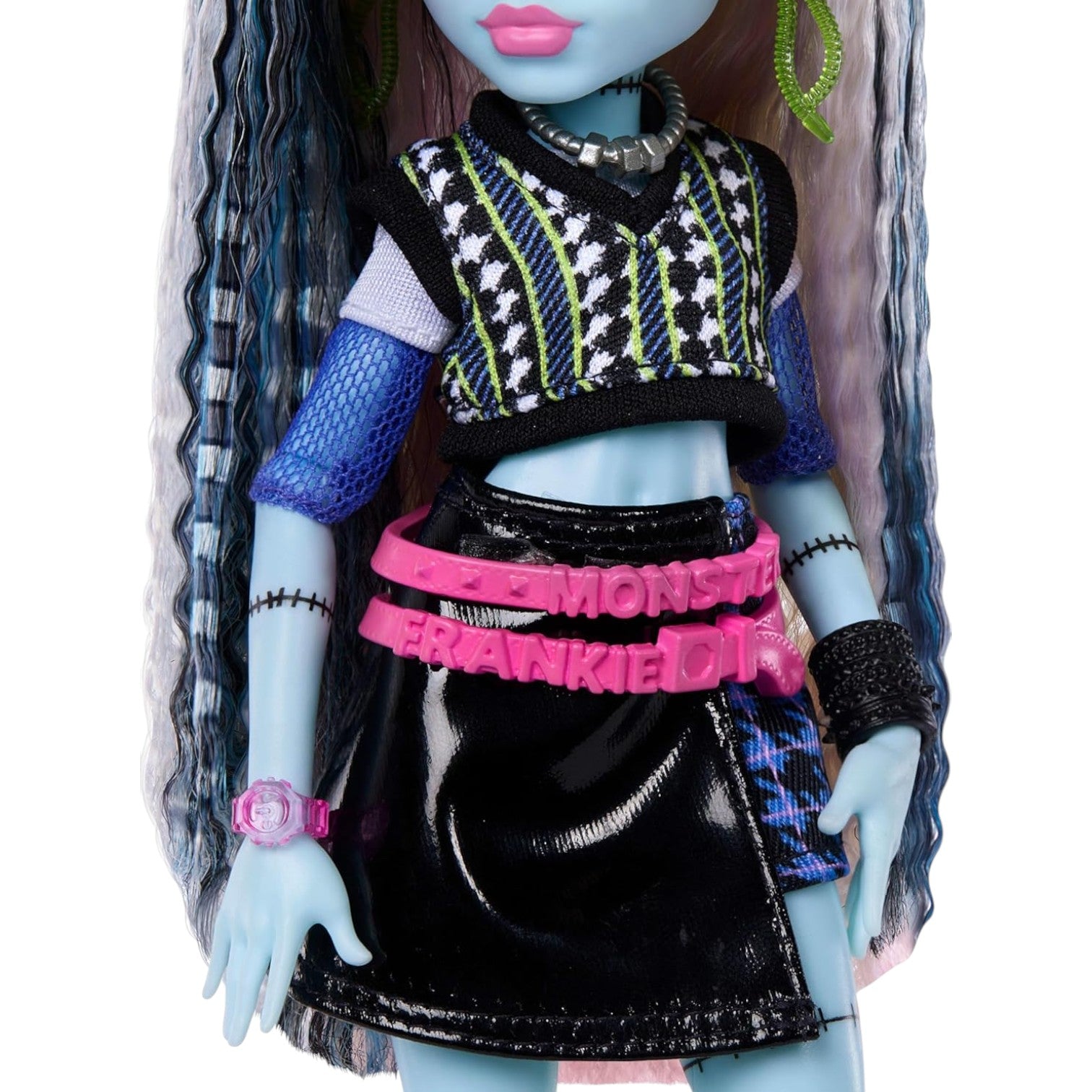 Monster High Frankie Stein Core Refresh doll with a black and pink outfit on a white background