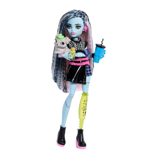 Monster High Frankie Stein Core Refresh doll with long hair, colorful outfit, and pet on a white background
