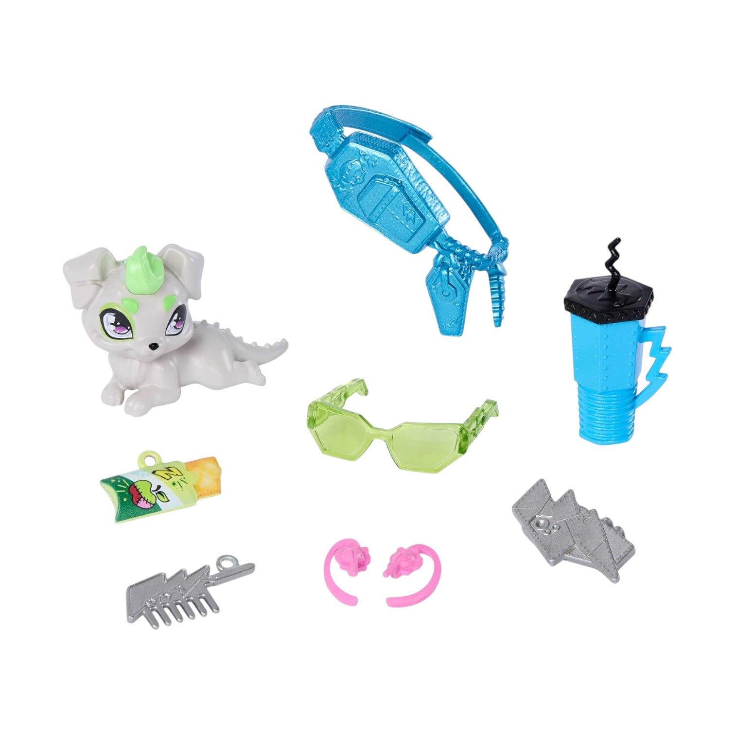 Collection of small toys including a dog figurine, sunglasses, and accessories on a white background