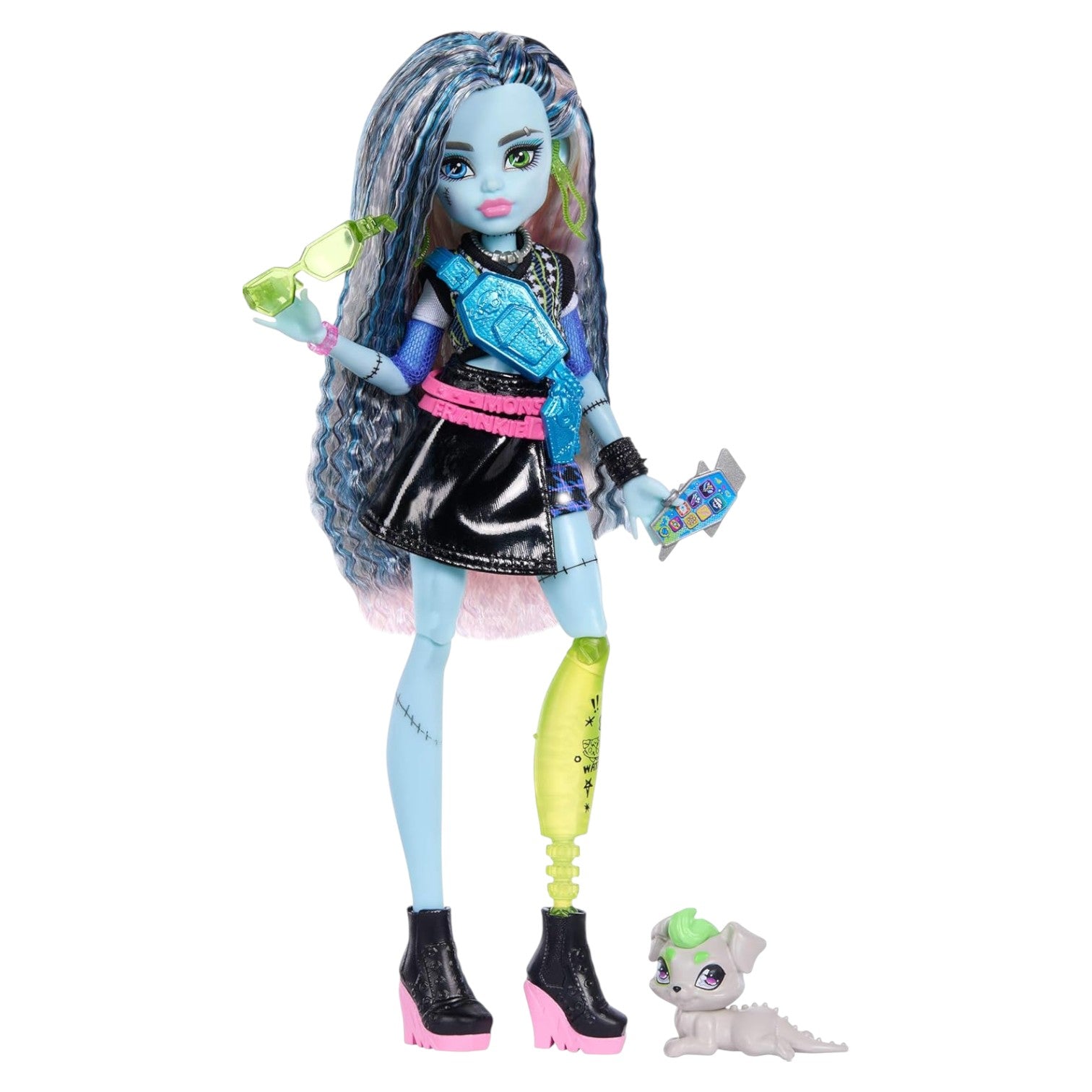 Monster High Frankie Stein Core Refresh doll wearing black pleather skirt and cropped sweater, holding chips and blue drink.