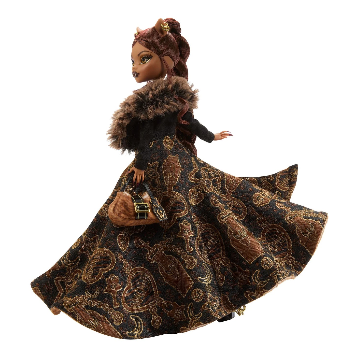 Doll wearing a patterned dress with fur trim on a white background