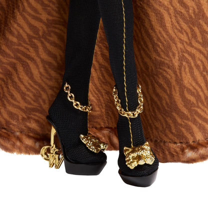 Black high-heeled shoes with gold chains and paws on a brown fur background