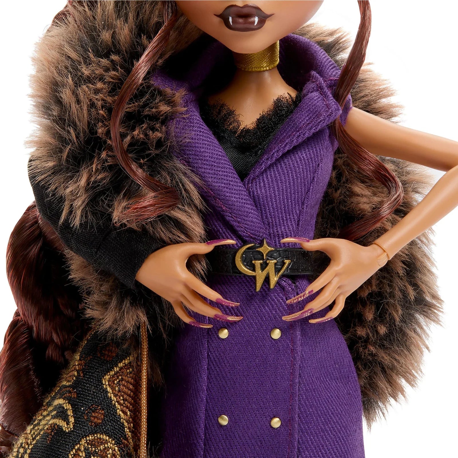 Doll wearing a purple coat with fur collar and gold belt buckle.