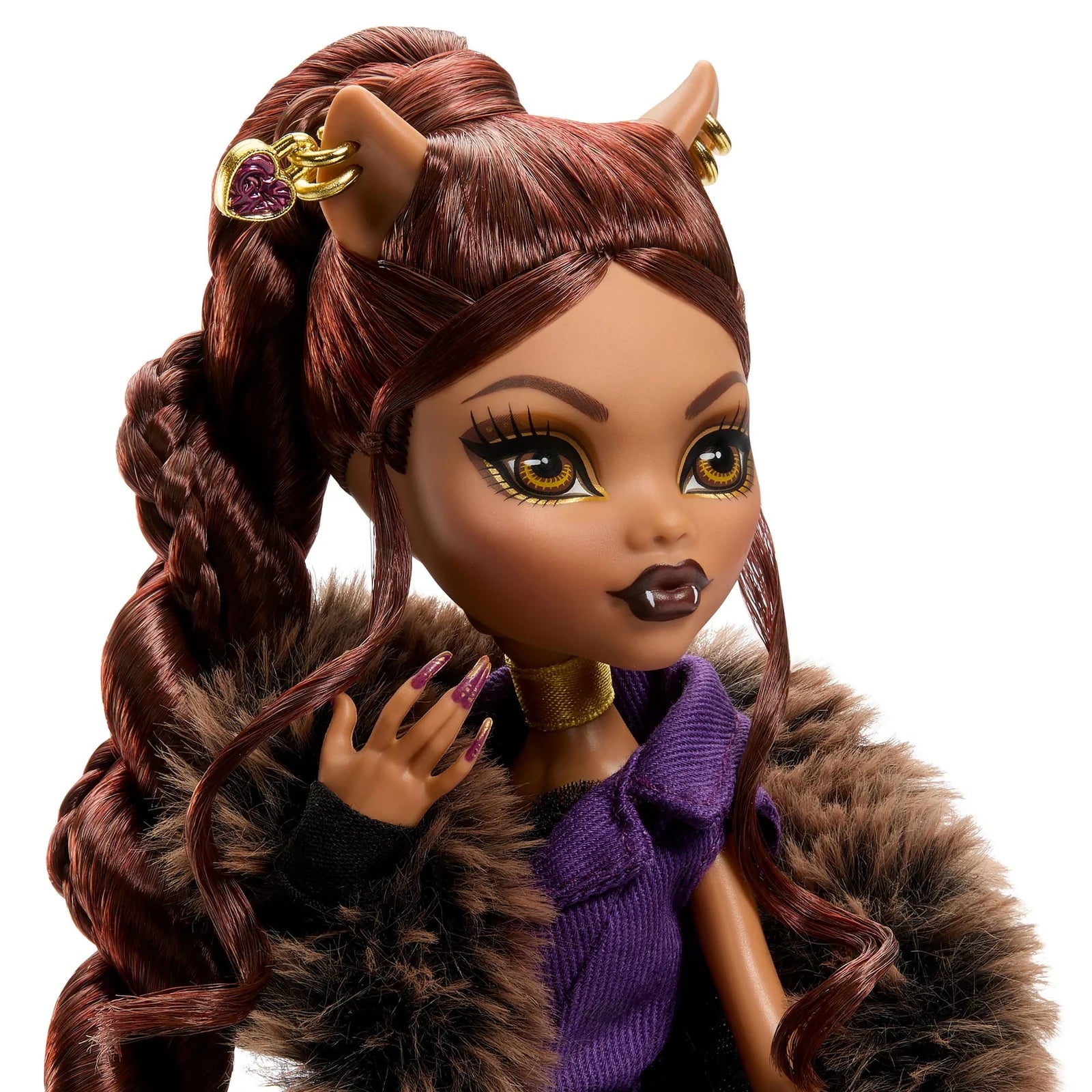 Monster High doll with brown hair, horns, and fur coat on a white background