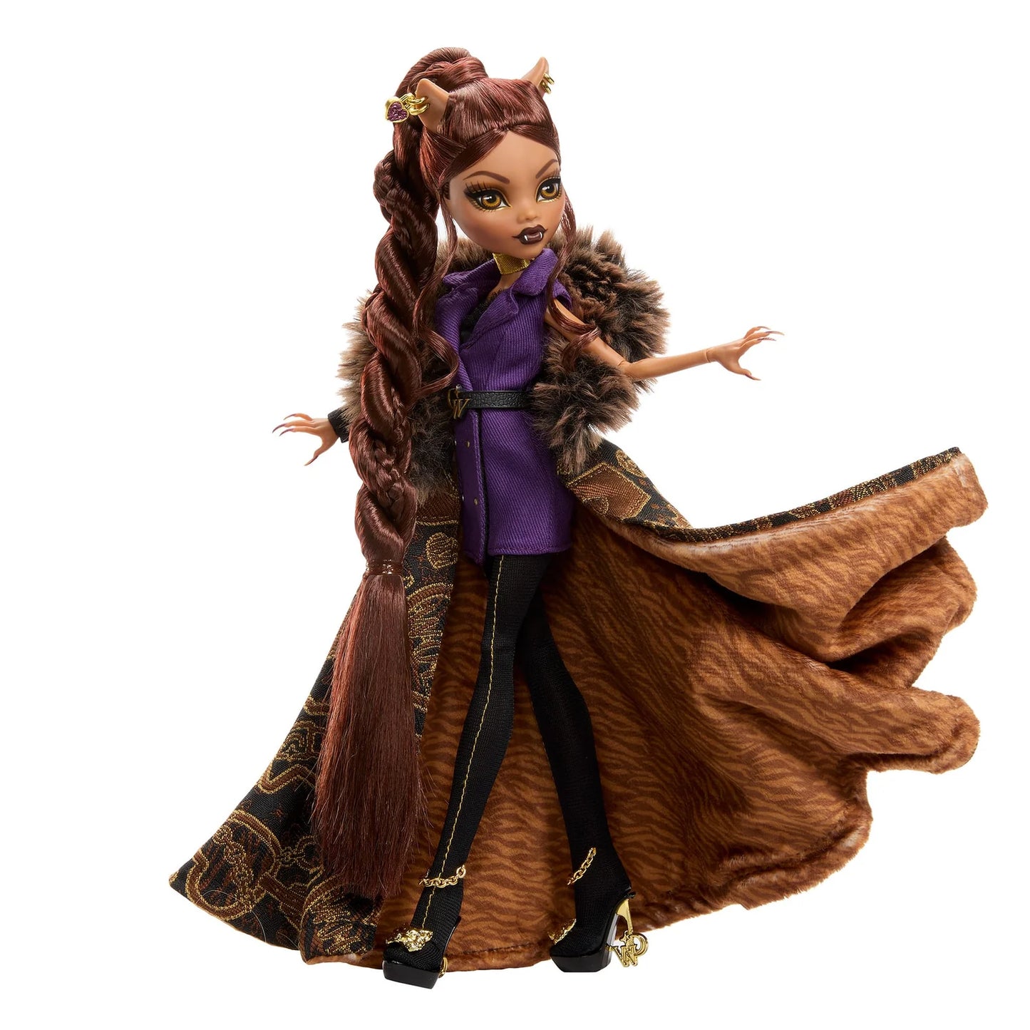 Doll with long brown hair, purple top, and brown fur coat on a white background
