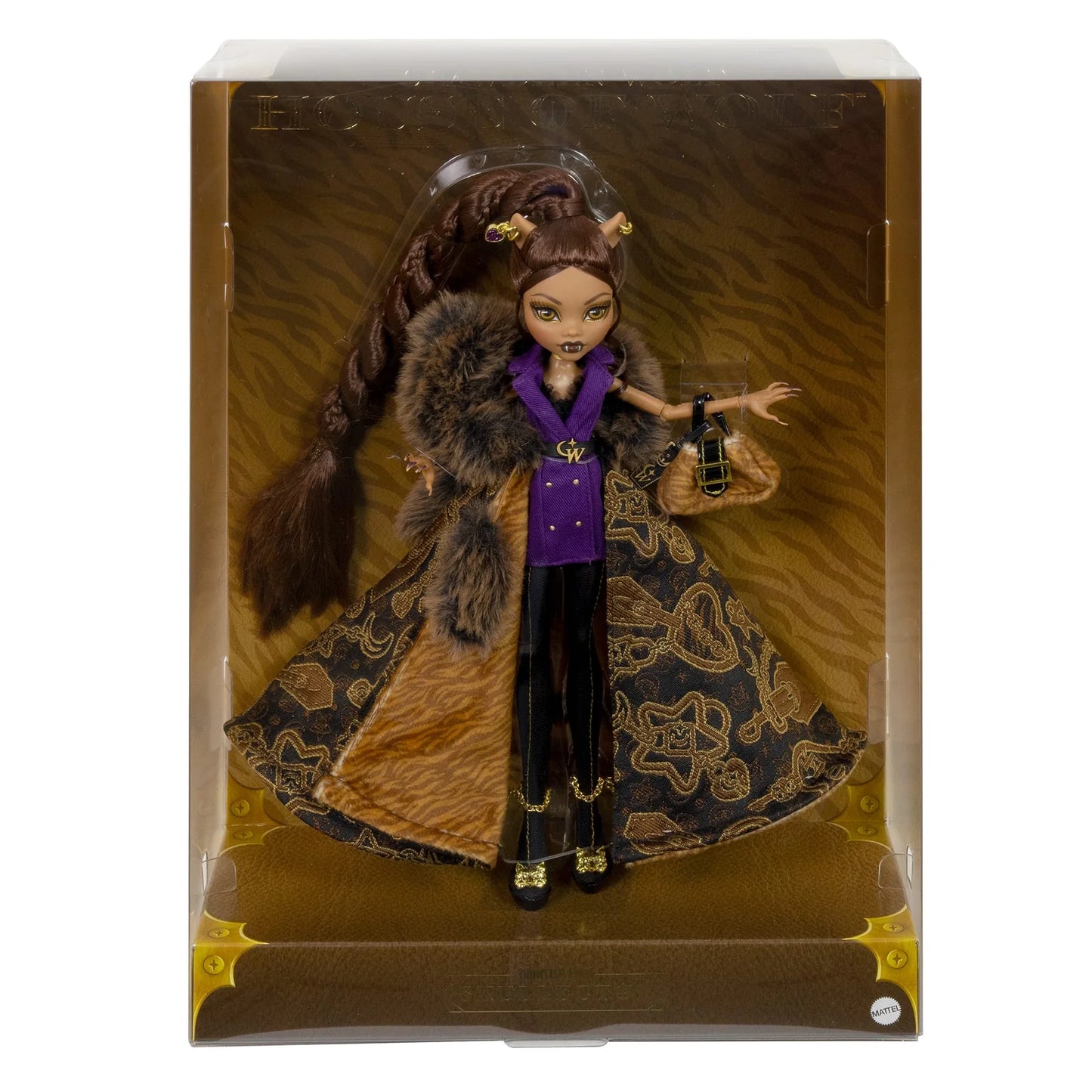 Doll in elaborate outfit with fur and purple top in packaging